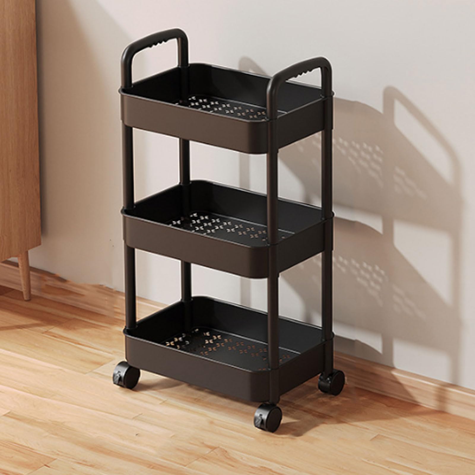 Carrello portaoggetti a 3 livelli con ruote, grande capacità, nero, per camera da letto, bagno, cucina, portatile e facile da spostare