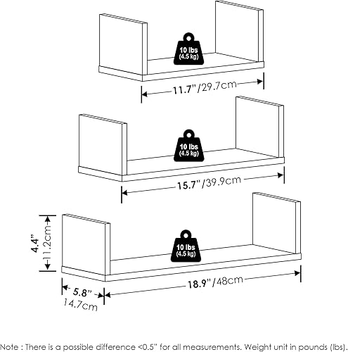 Miniatura 3 de Furinno Rossi - Estantes flotantes de pared para dormitorio, con soportes invisibles, juego de 3, mármol blanco