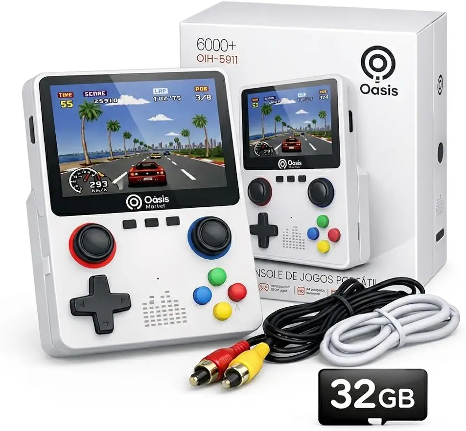 Console Portátil Retrô 6000 Jogos OIH-5911 Oásis Tela 3.5 HD 32GB Bateria Recarregável Saída TV AV Emuladores Clássicos Video Game Retro Portátil (Branco)