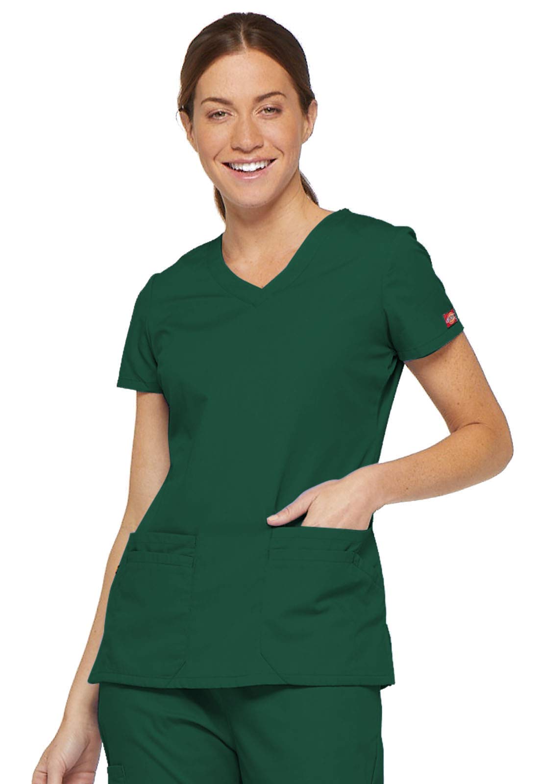 Dickies EDS Signature Scrubs for Women, Contemporary Fit V-Neck Womens Tops in Soft Brushed Poplin 85906, Hunter, XS