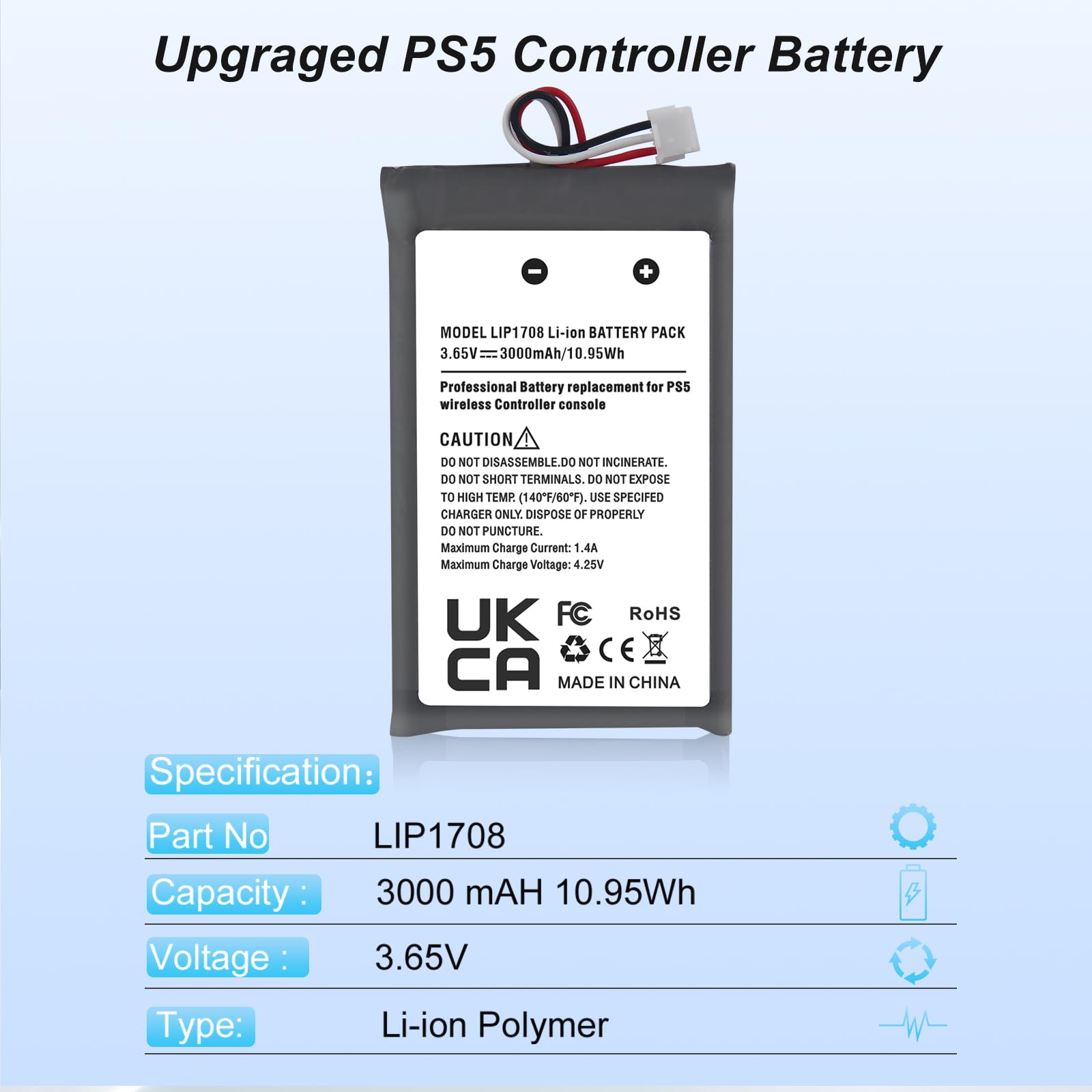 Batteria per controller PS5, YISHDA 3000 mAh LIP1708 PS5 per Sony PlayStation 5 PS5 DualSense CFI-ZCT1W Wireless Controller