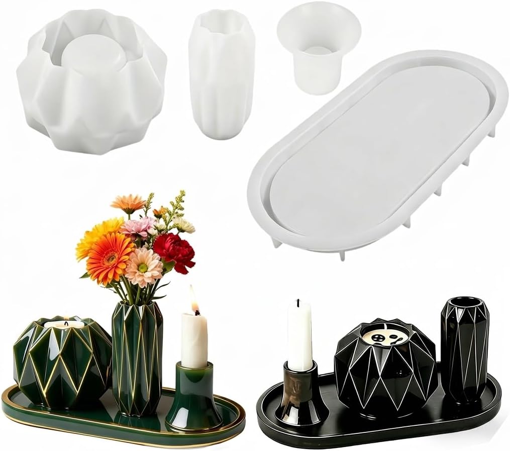 4PCS Silicone Resin Molds Set, Oval Tray Mold, Vase Mold, Storage Jar Mold, Candle Holder Molds, Epoxy Casting Molds for DIY Desk Organizer, Jewelry Tray, Home Decor