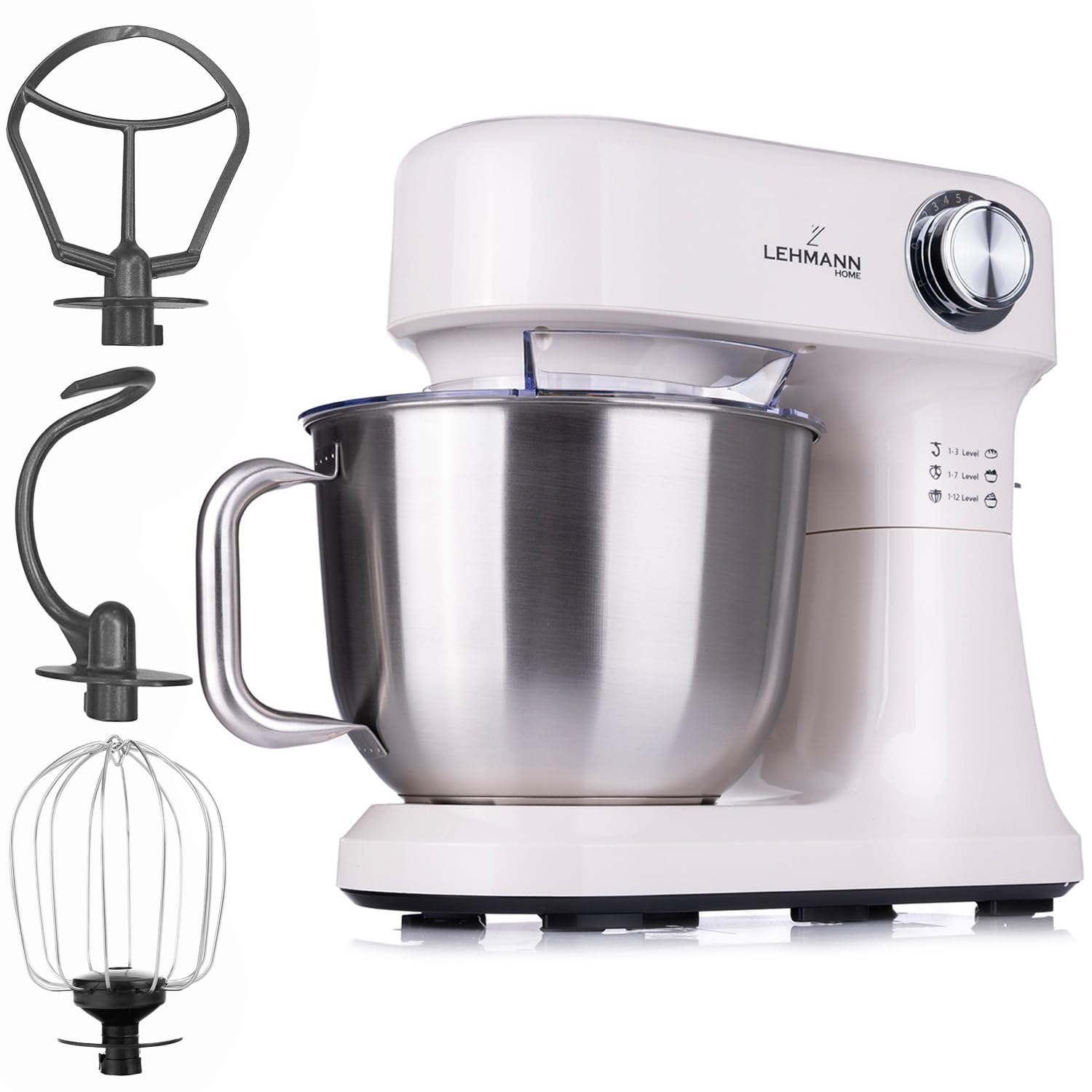 LEHMANN Mikser planetarny, 1500 W, 12 prędkości, miska 5 l z pokrywką zapobiegającą rozpryskiwaniu, robot kuchenny do pizzy, chleba, słodyczy, akcesoria - trzepaczka, hak do ciasta i mieszadło, beżowy