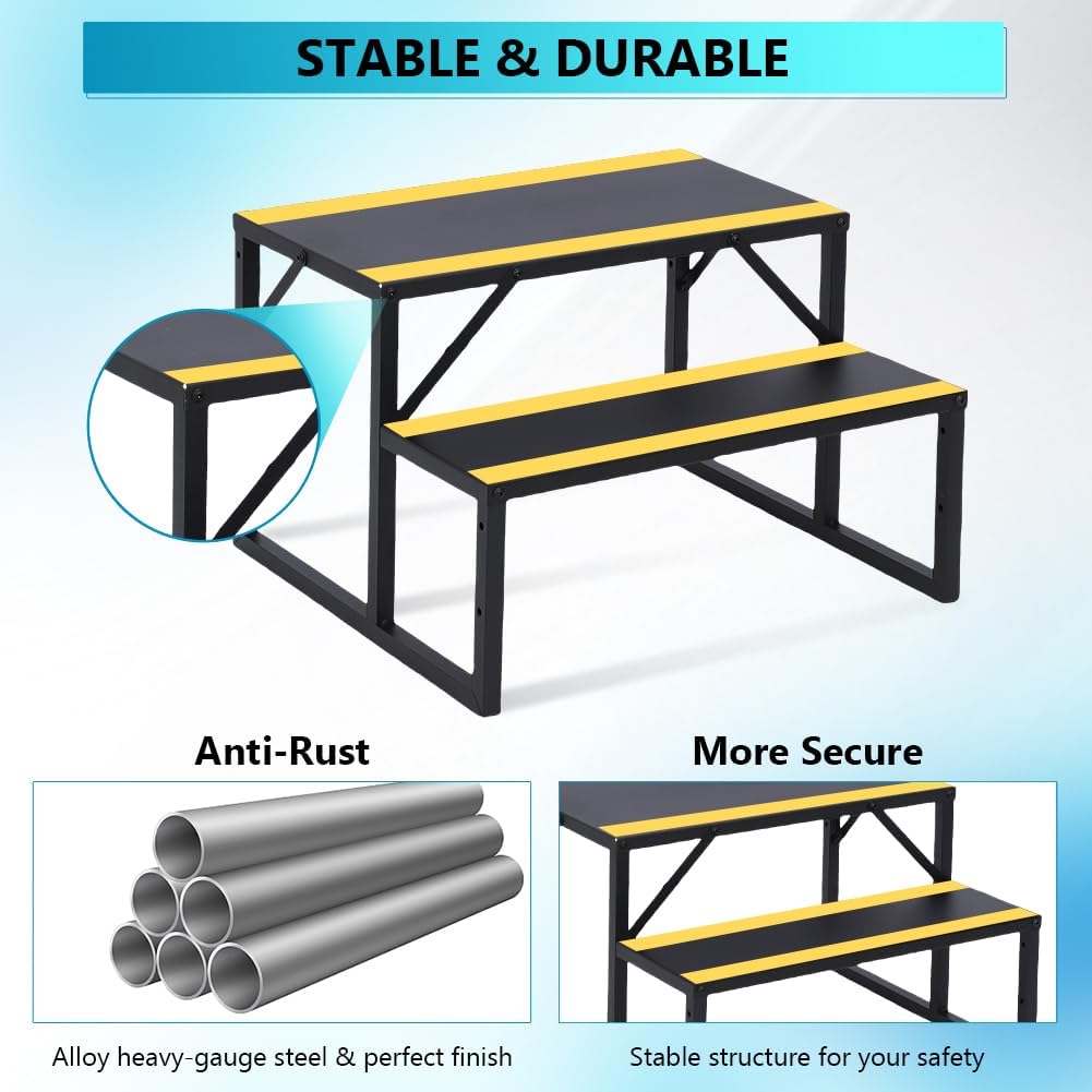 Escalier extérieurérieur Robuste pour Camping-Car – 2 marches antidérapantes avec Main Courante surélevée – Acier Pliant Portable, idéal Caravane, Spa, Piscine – Sécurité renforcée, Noir et