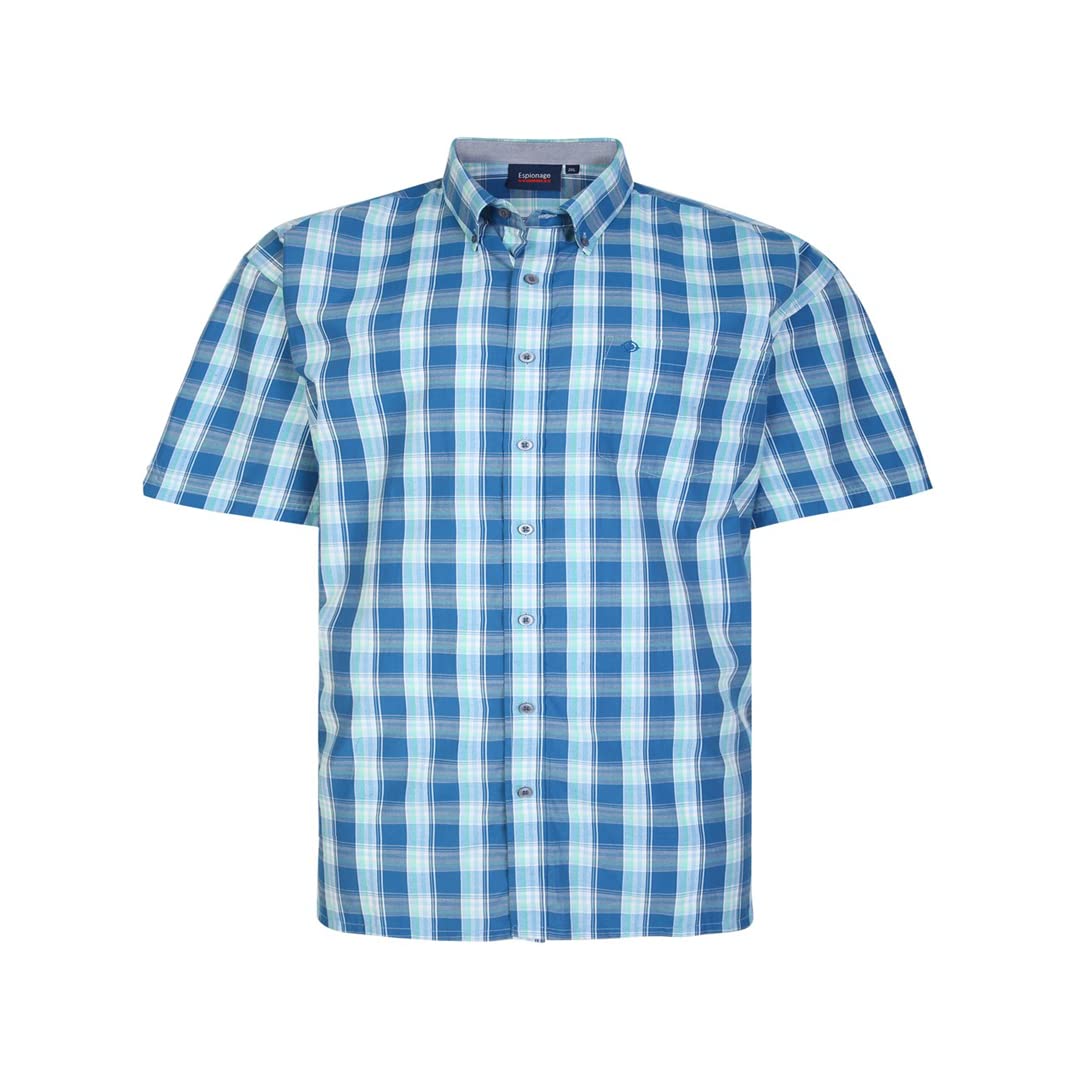 Espionage Check Shirt King Size Men Short Sleeve Button up Top Denim/Mint 4XL (SH383)