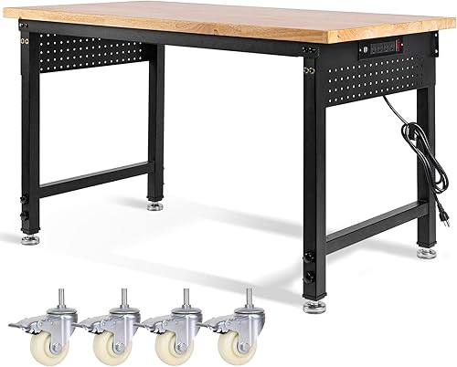 Miniatura 10 de Banco de trabajo de altura ajustable, mesa de trabajo de madera de goma resistente con toma de corriente y tablero de clavijas para garaje, oficina,