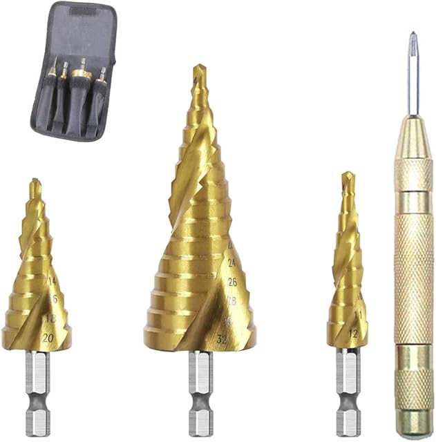 3Pcs HSS Step Bits and Automatic Center Punch, Ecbrt High Speed Spiral Grooved Step Drill Bit Set, Hole Cutter for Wood, Stainless Steel, Metal, 4-12mm/4-20mm/4-32mm (Gold)