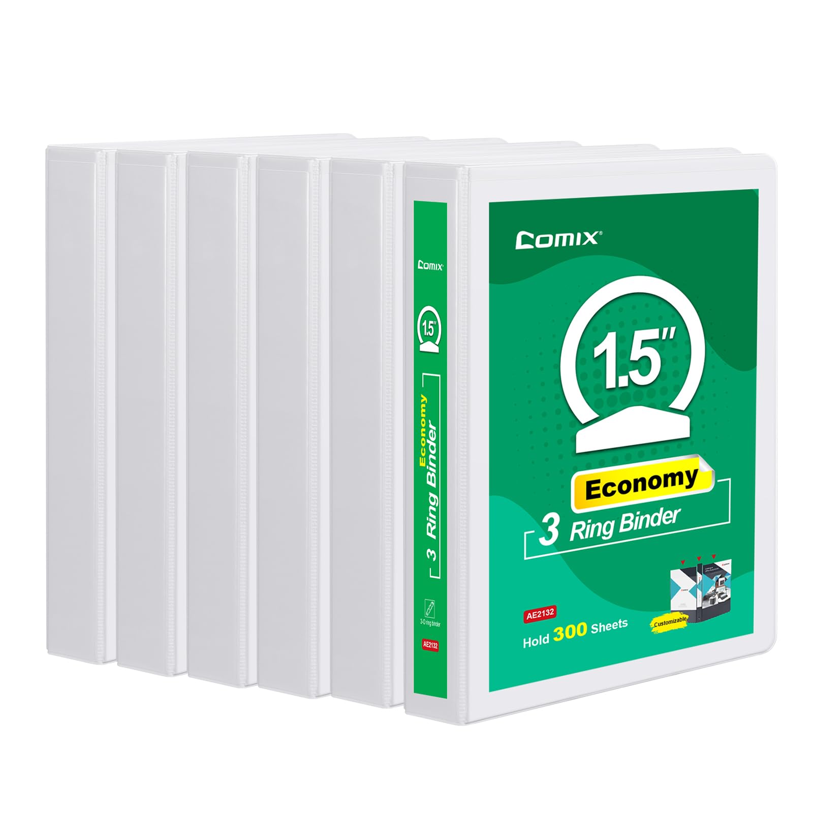 COMIX 3 Ring Binder 1 1/2 inch with Clear View Cover,1.5" Round Ring Binder,Holds 300 Sheets of US Letter Size Paper, 6 Pack (White)