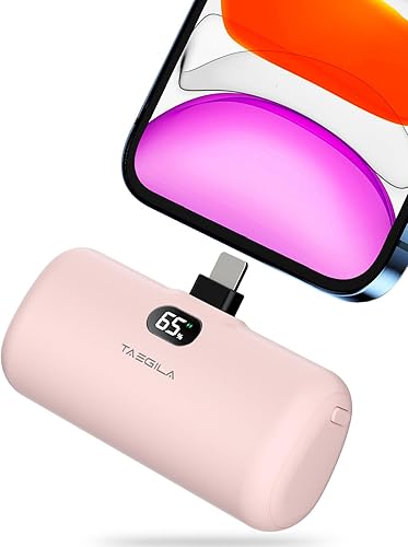 Miniatura 2 de Taegila Cargador portátil pequeño rosa y morado para iPhone 5000 mAh con cable integrado, banco de energía compacto certificado MFi con pantalla LCD