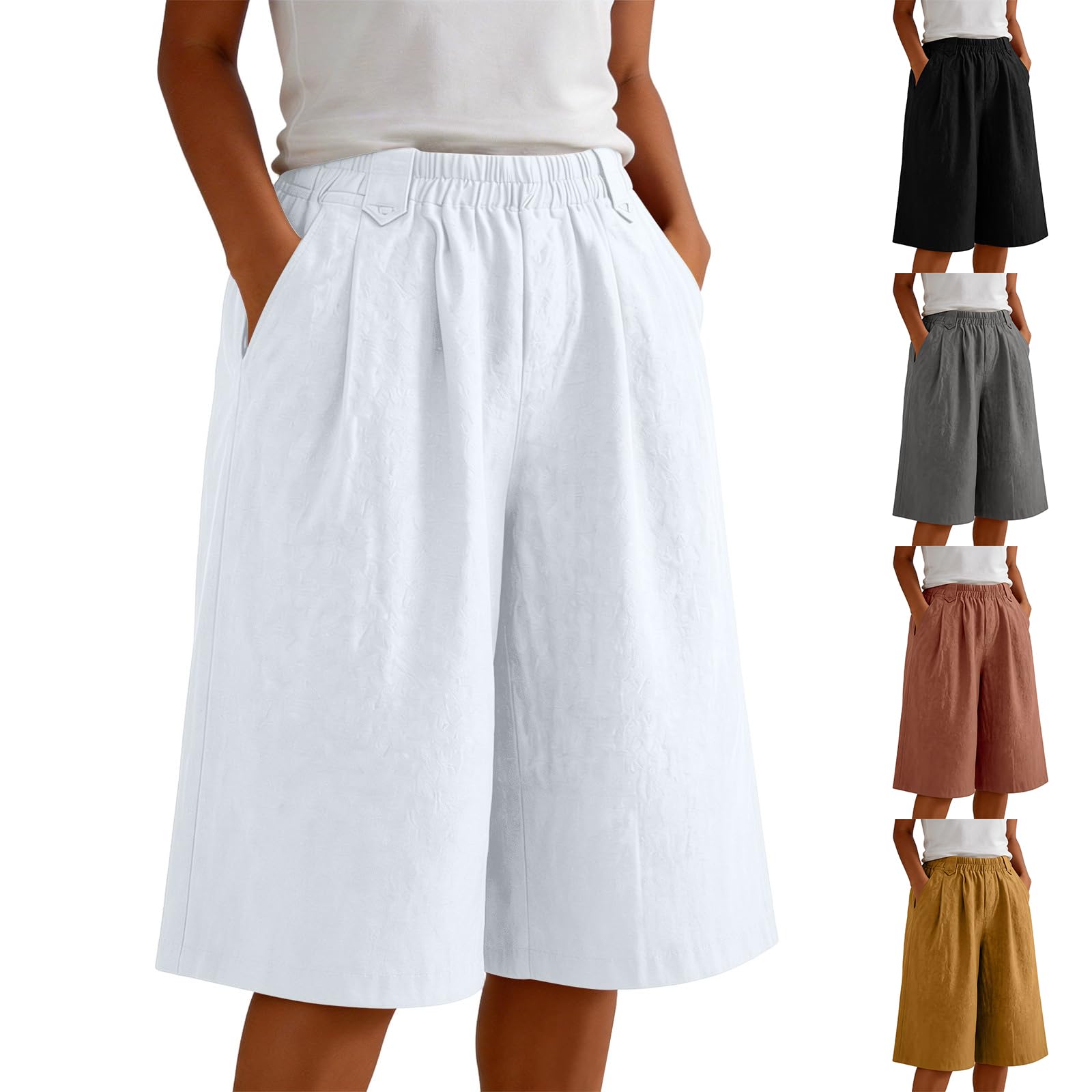 Generisch Damen Leinenhose Kurze 5/4 Hose Sommer Locker Fit Bermudas Große Größen Freizeithose mit Gummizug Weites Bein Stoffhose mit Taschen für Strand Urlaub