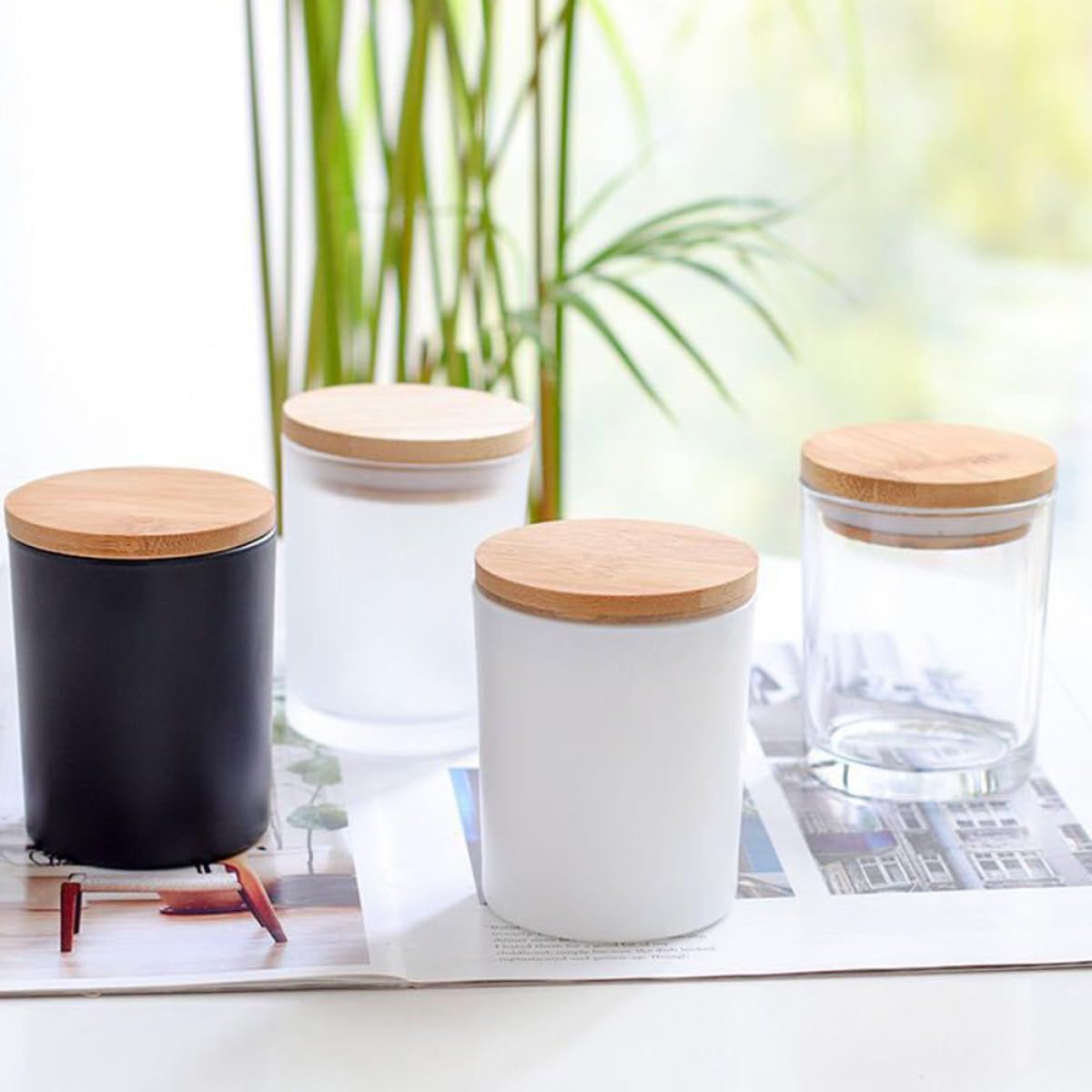 Runde Kerzenhalter aus Glas 5 Stück mit Bambusdeckel Leere Gläser für Duftkerzen und Kerzenbasteln im Wohnbereich