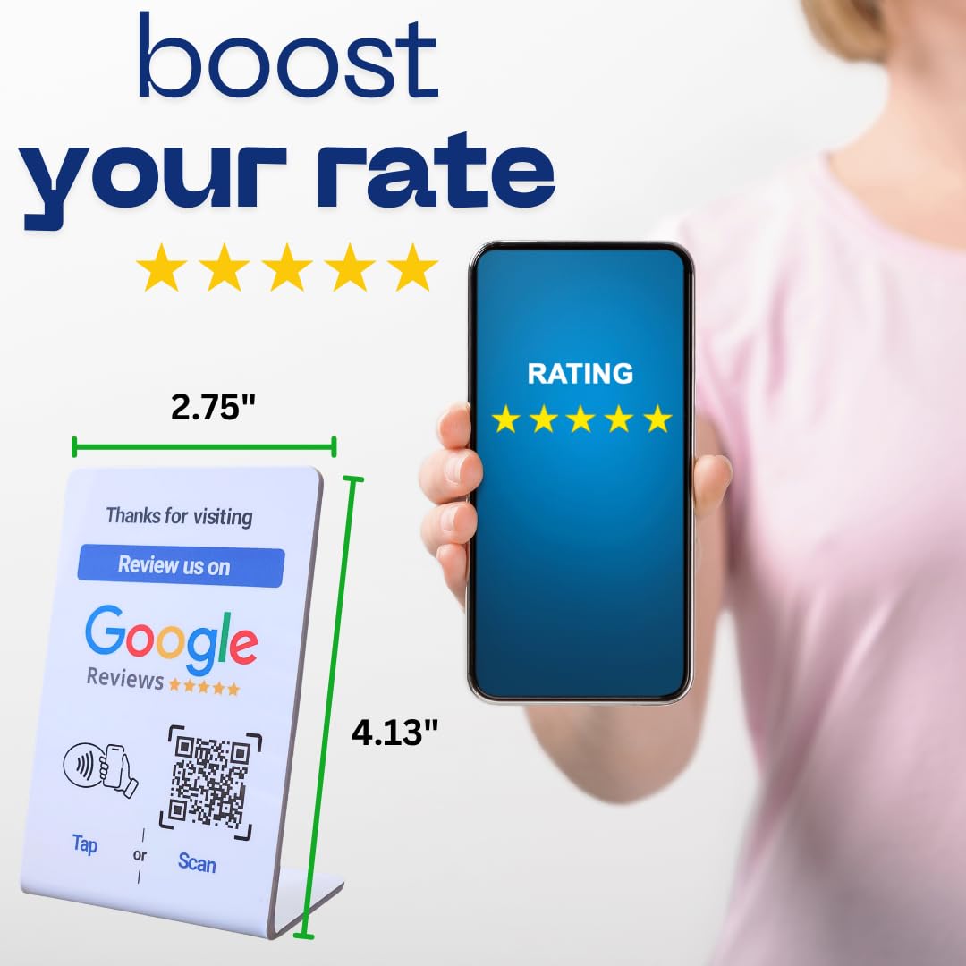 NFC Tap Google Review Stand - Boost Customer Feedback with Tap & Scan QR - No App, No Subscription - Works on iPhone & Android (Size 4.13"x2.75", 1 Pack)