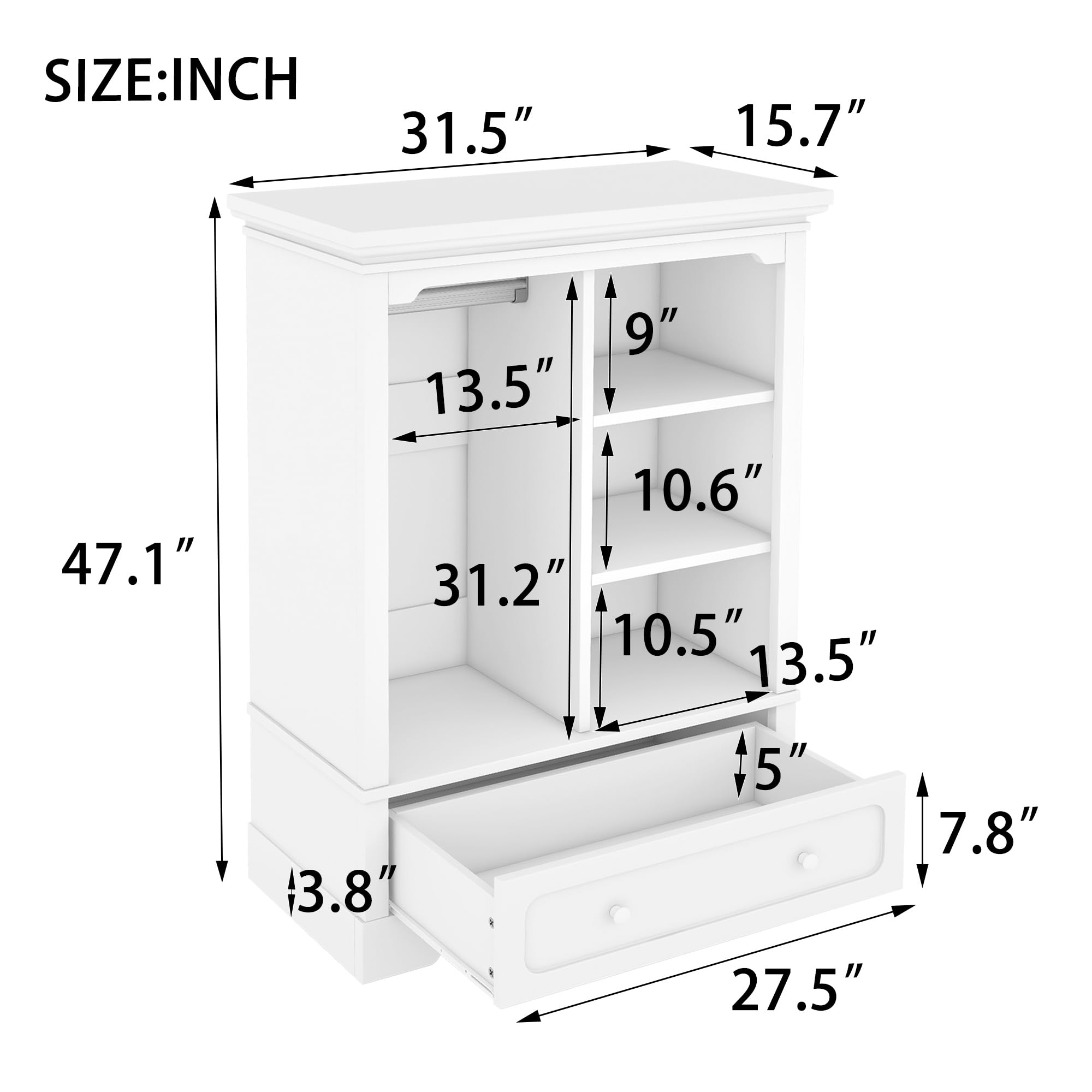 MATONELL Open Children's Wardrobe - Low - Design, Ample Storage with Hanging Rod, Shelves & Drawer - Made of Durable MDF, Easy to Install? (White)