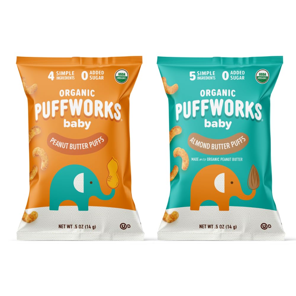 Puffworks Baby Peanut and Almond Variety Pack, Perfect for Early Peanut Introduction, Plant Protein, USDA Organic, Gluten-Free, Vegan, Non-GMO, Kosher, 0.5 Ounce (Pack of 12)USDA Organic