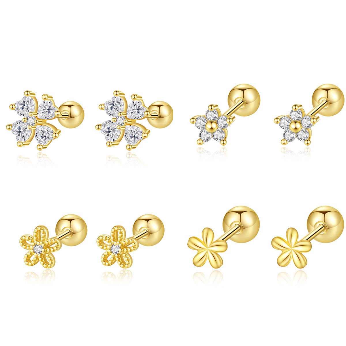 4 Pairs CZ Flower Stud Earrings for Women Mini Floral Screw Back Earring Cubic Zirconia Studs Sleeper Tragus Piercing Ear Cute Jewelry