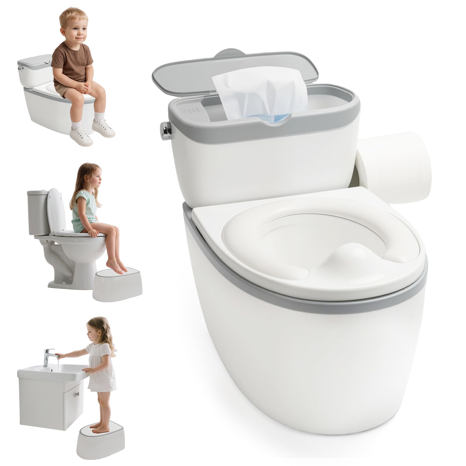 TOSGN Inodoro 3 en 1 para niños pequeños a partir de 6 meses, asiento de entrenamiento realista con sonido de descarga, toallitas, soporte para papel higiénico