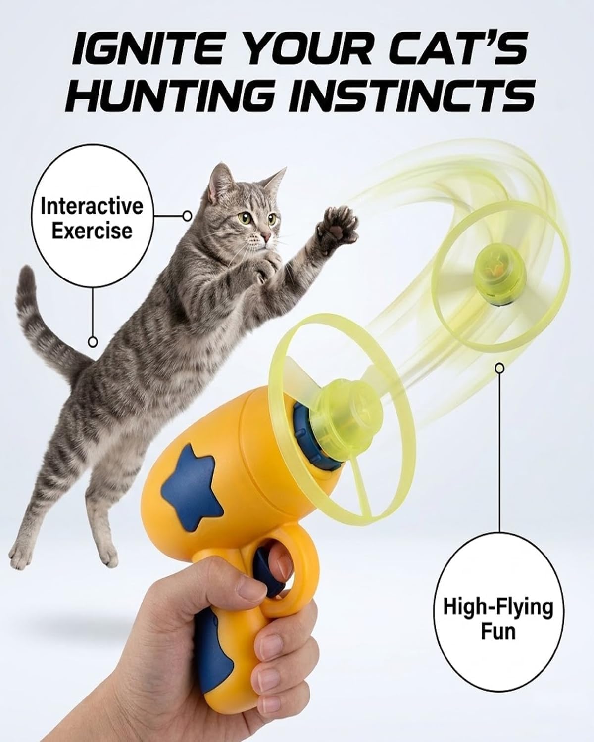 Cat Toy Launcher, Interactive LED Flying Disc Cat Fetch Toy, Propeller Bamboo Dragonfly Catapult Pistol Saucer Blaster Set for Indoor Outdoor Cats Training and Chasing (Blue) — view 2