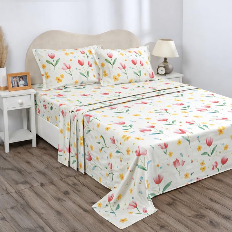 Image of BSB HOME Double Bedsheet 144 TC Microfiber with 2 Pillow Covers | Smooth, Lightweight & Quick-Dry Bed Sheet Set | Comfortable Bedding for Home, Guest Room & Daily Use - Tulip Pastel