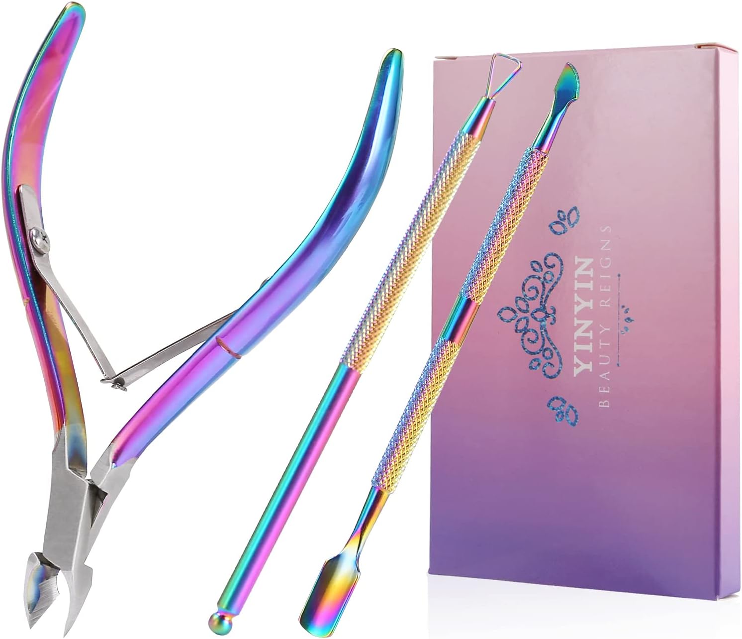 YINYIN Cuticle Trimmer with Cuticle Pusher and Cutter, Cuticle Remover Cutter Nipper Clippers Durable Pedicure Manicure Tools for Fingernails and Toenails(Rainbow)