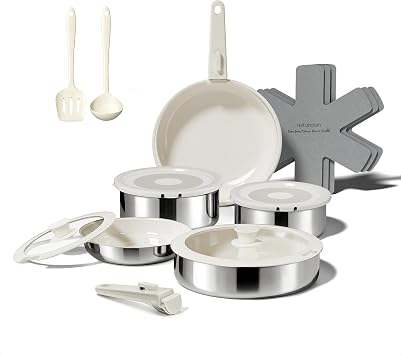 16pcs Nonstick Cookware Set, Diamond-Titanium Ceramic Coating & 3 Layer Stainless Steel Pots and Pans Set with Detachable Handle, Dishwasher Safe, Induction Compatible, Oven Safe, White