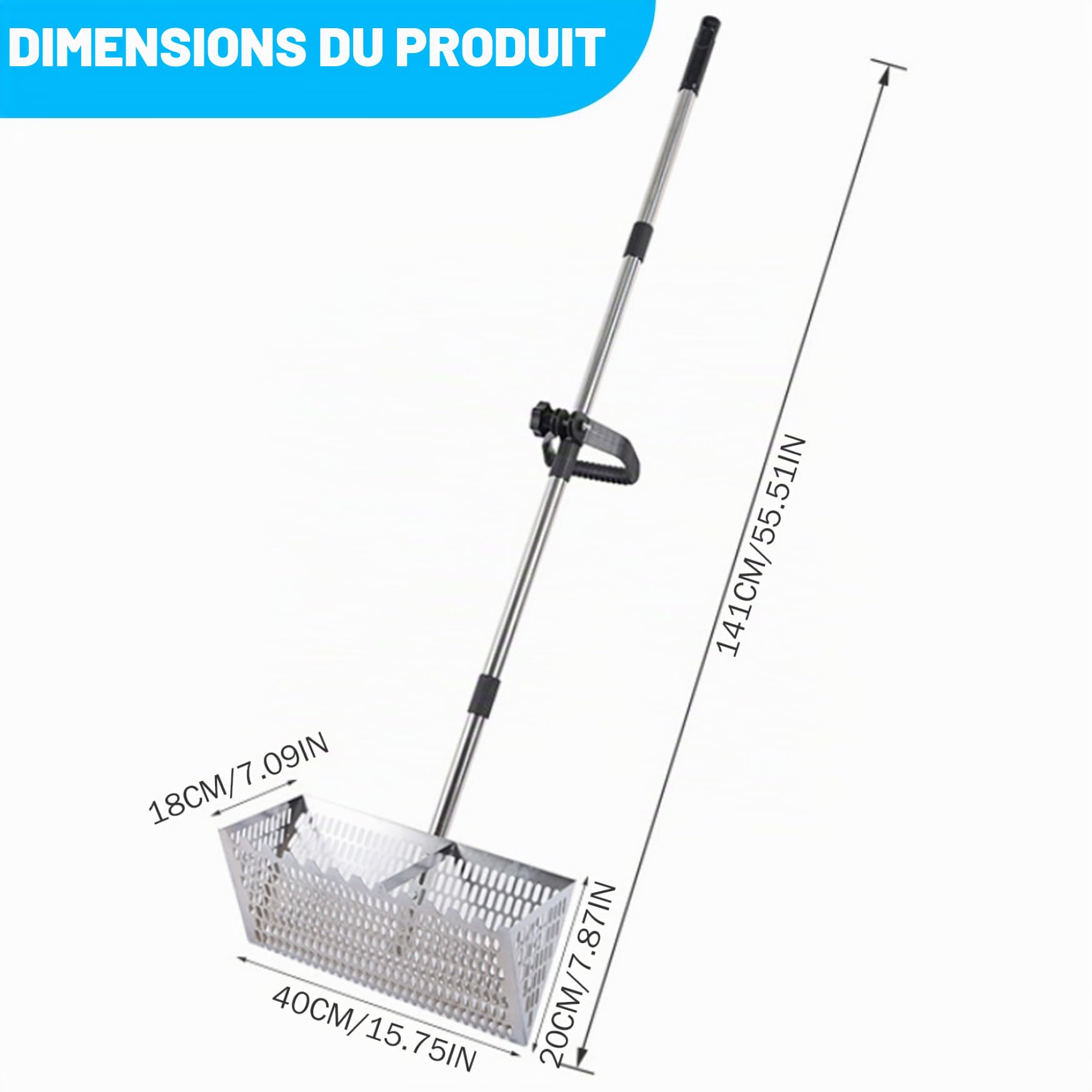 Râteau à la Puce de Sable Râteau de Plage en Acier en Carbone 55, 5 Pouces Plage avec Dents émoussées, Tamis détachables et poignée antidérapante pour Le Sable, Les coquilles, Le Net