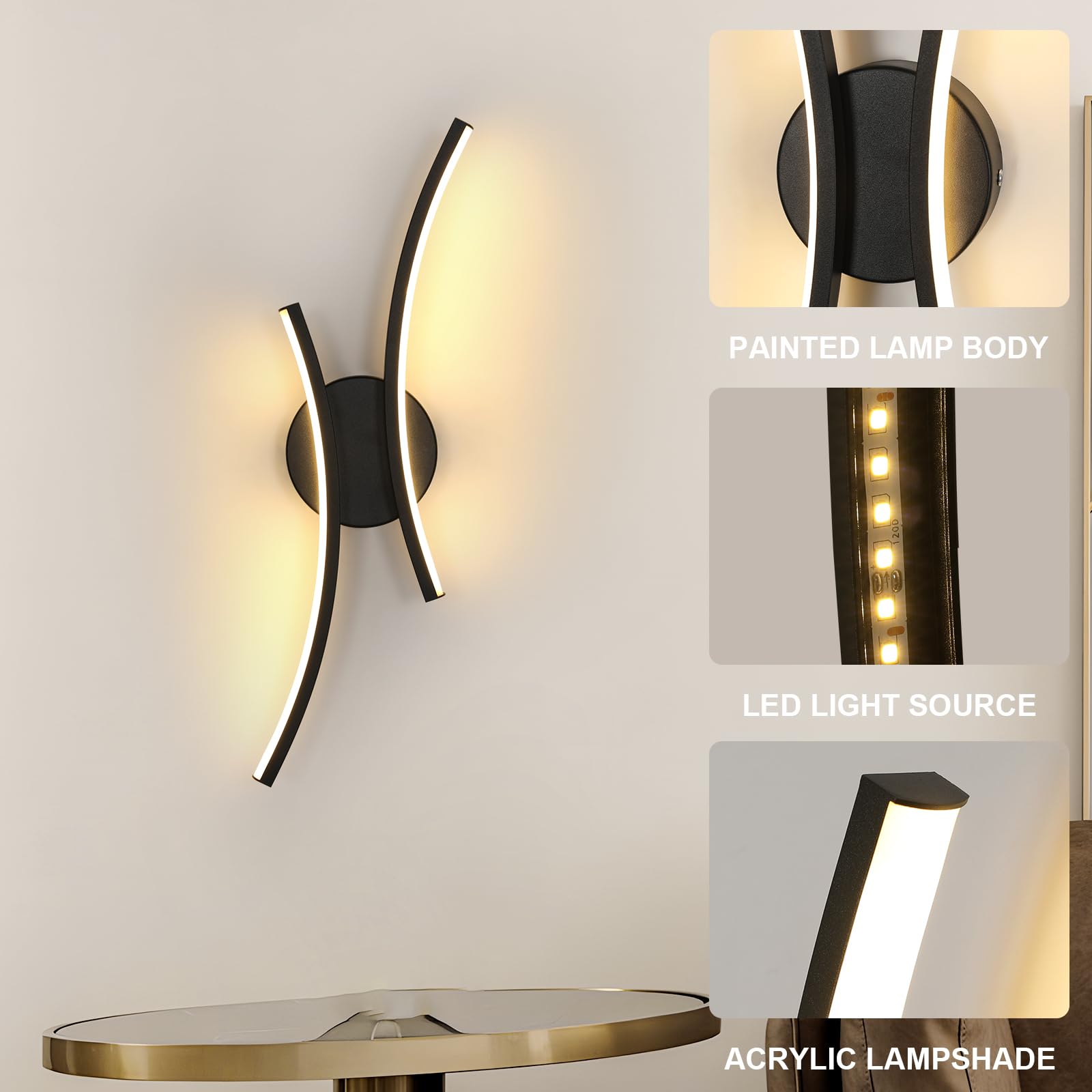 2 Stück Wandlampe Innen LED, 20W 2250LM LED Wandleuchte Schwarz, Modern Dekorativ Wandbeleuchtung Aluminium für Schlafzimmer Korridor Wohnzimmer Treppe, Warmweiss 3000K