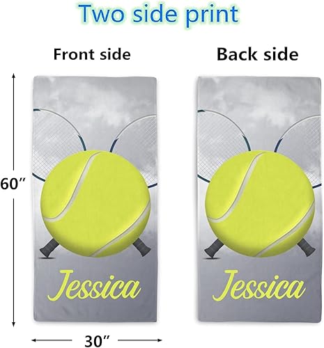 Miniatura 2 de Toalla de playa personalizada con raqueta de tenis gris con nombre, toallas grandes de gran tamaño, 2 lados impresos para béisbol deportivo, 30 x 60
