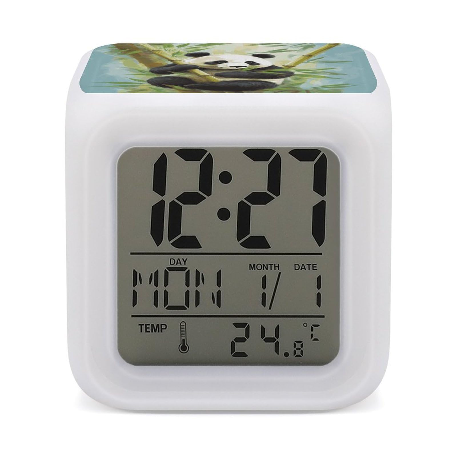 JTREHY 7 Color Changing LED Digital Alarm Clock,Bamboo with Panda Printed Wake-up Clock with Temperature Display Home Decoration Alarm Clock for Bedroom Office