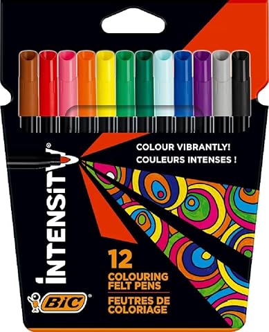 BIC Intensity Keçeli Boyama Kalemi 12 Renk, Su Bazlı Mürekkep, 0.9mm Keçeli Kalem Ucu, Yetişkin Boyama için İdeal