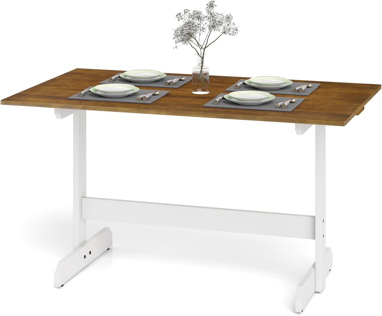 Giantex 55" Dining Table for 4-6, Farmhouse Kitchen Table with H-Shaped Rubber Wood Leg, Adjustable Foot Pads, Rectangular Wood Dinner Tables for Dining Room, Home Office, Living Room, Dinette