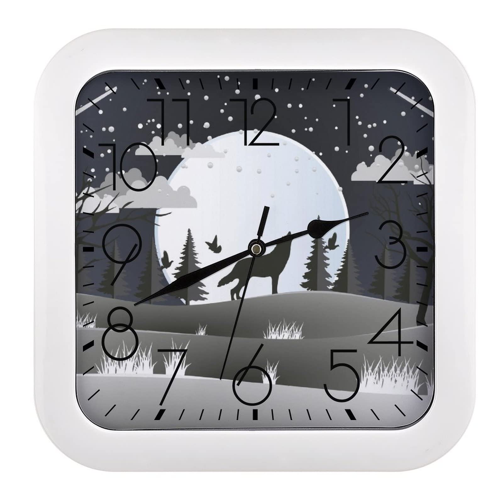 Pendule murale silencieuse moderne 26x26cm avec motif loup pour maison école et bureau