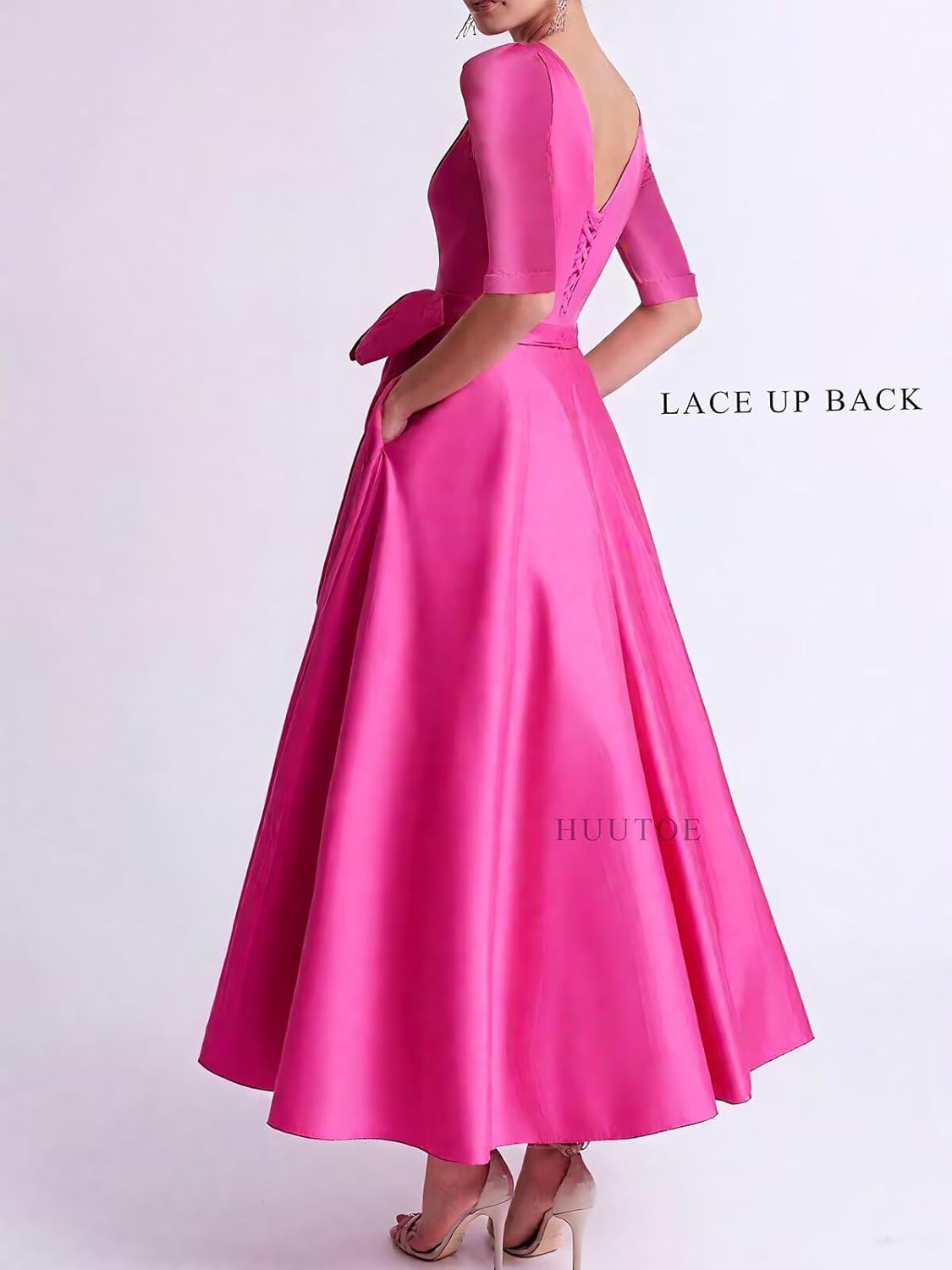 Half Sleeve Mother of The Bride Dresses for Women Tea Length Satin V Neck Formal Wedding Evening Gowns with Bow - Image 3