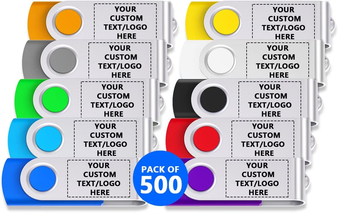 Custom Swivel USB Flash Drives 500 Pack, Personalized Logo Bulk - as Corporate Gifts and Promotional Giveaways - 512MB