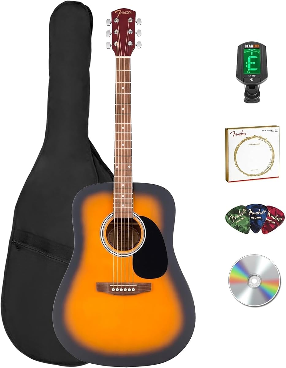 Guitarra acústica Fender FA Series Dreadnought – Paquete Sunburst con bolsa de transporte, afinador, cuerdas, púas y DVD instructivo de Austin Bazaar