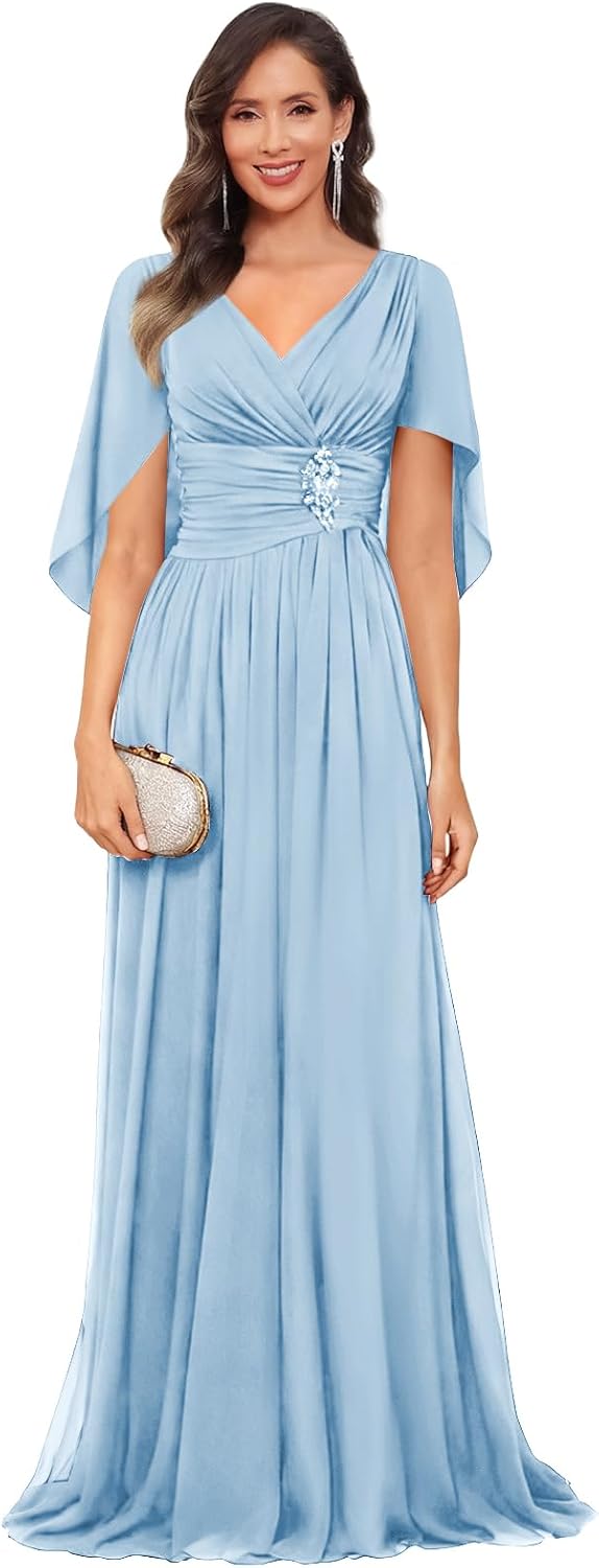 GUKARLEED Women’s Ruffled Chiffon Mother of The Bride Dresses with Shawls Cap Sleeve A-line Beaded Formal Wedding Guest Dress