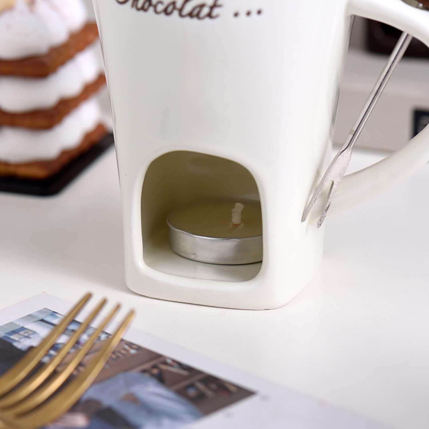 Lot De 2 Tasses à Fondue En Céramique - Noir Et Blanc - 200 Ml Avec Fourchettes - Pour Chocolat, Fromage, Caramel