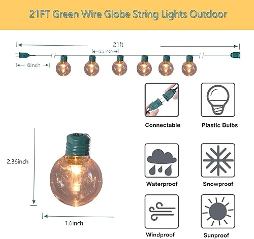 Miniatura 3 de Vigdur Guirnalda de luces para exteriores de 21 pies con 35 bombillas de plástico G40 inastillables, luz colgante exterior impermeable para porche