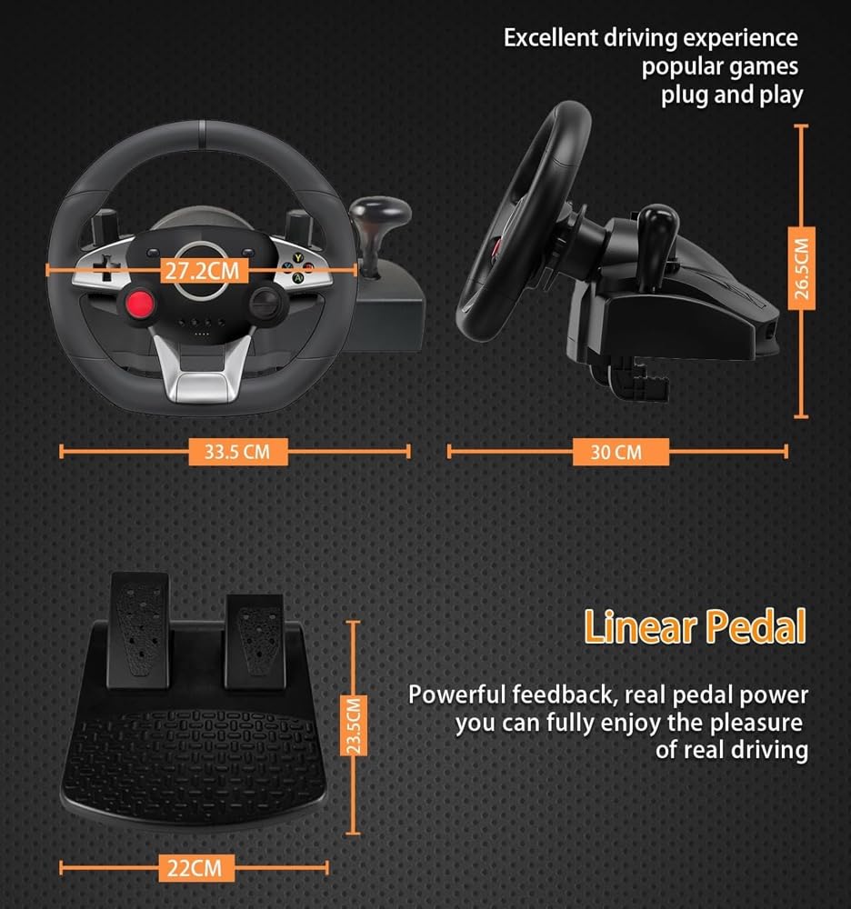 VooFun Volante PC con Pedali, Volante Gaming a 270° Compatibile con PC/ PS4/ Switch/ PS3/ Xbox One/Xbox 360, Racing Wheel con Pulsanti Programmabili, Feedback con Vibrazione, Nero
