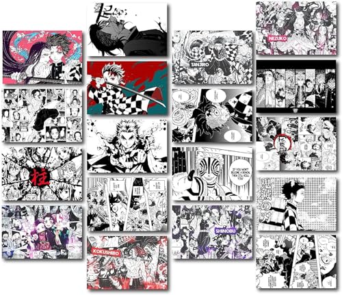 Image of ATEVON Demon Slayer Manga Wall Collage Kit - Pack of 18 Black and White Posters | 6x4 Inch Anime Poster Set Featuring Tanjiro Kamado, Nezuko, Zenitsu, Inosuke | Aesthetic Room Decor for Anime Fans