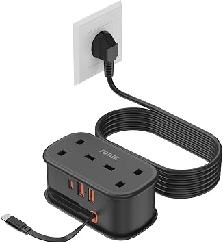 UK to European Plug Adapter with 1.5M Extension Cable FDTEK 2 Way Travel Extension Lead with 3 USB Slots & Retractable USB C Cable, Type E/F Travel Adapter for Germany France Spain Greece etc