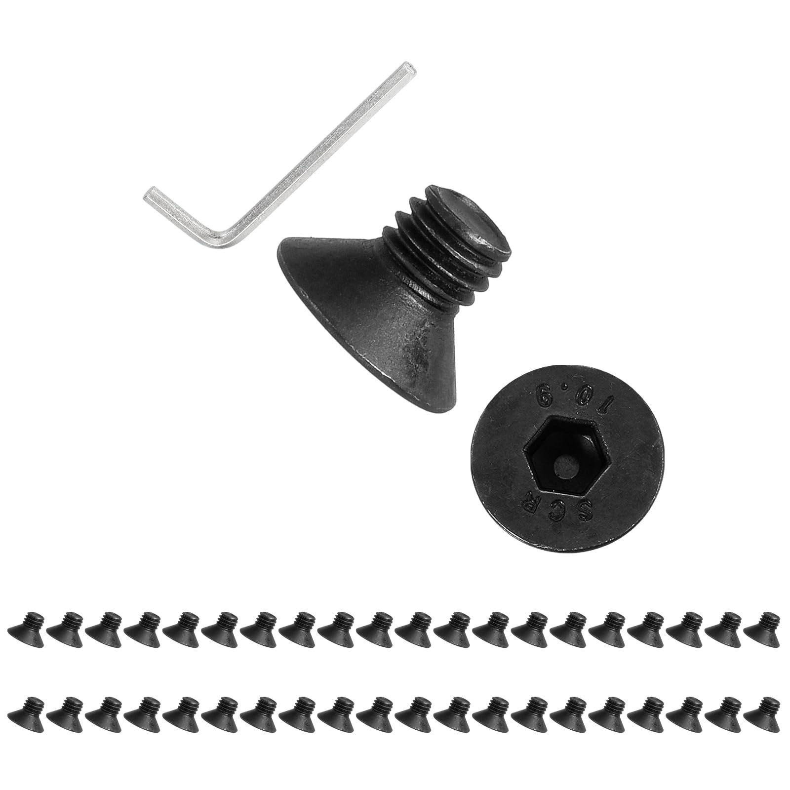 PATIKIL M6x8 mm Flat Head Socket Cap Screws, 50 Pcs Carbon Steel Flat Countersunk Bolts Hex Socket Drive Machine Screws Full Thread Grade 10.9 with Hex Spanner, Black