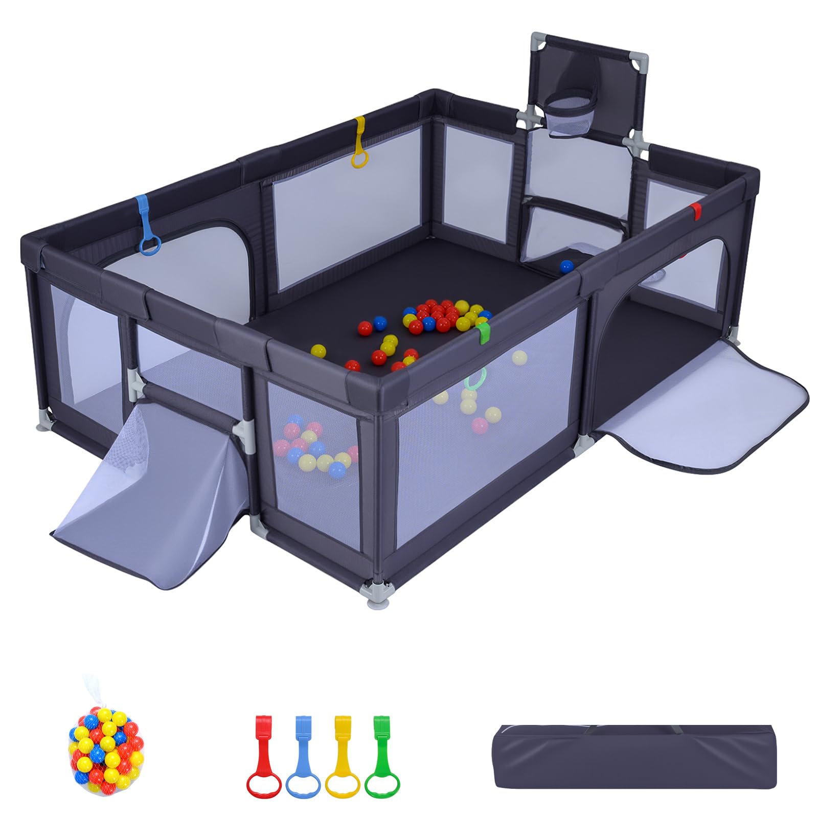 COSTWAY 207 x 145cm Laufstall Baby Faltbar, Laufgitter mit Basketballkorb, Fußballnetzen, 50 Spielbällen & Griffen, Krabbelgitter mit atmungsaktivem Netz, Tragetasche für Kleinkinder (Dunkelgrau)