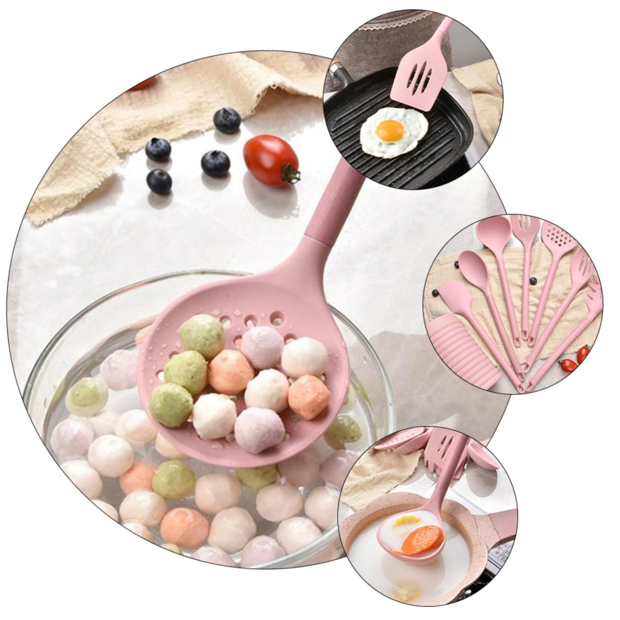 Alipis Ustensiles De Cuisine Silicone Avec Manche Bois Spatule Pelle Passoire Et Cuillère