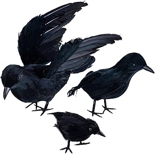Darnassus 3-Pack Halloween Black Feathered Crow Realistic Handmade Crow Prop for Halloween Party Outdoors and Indoors Deco...