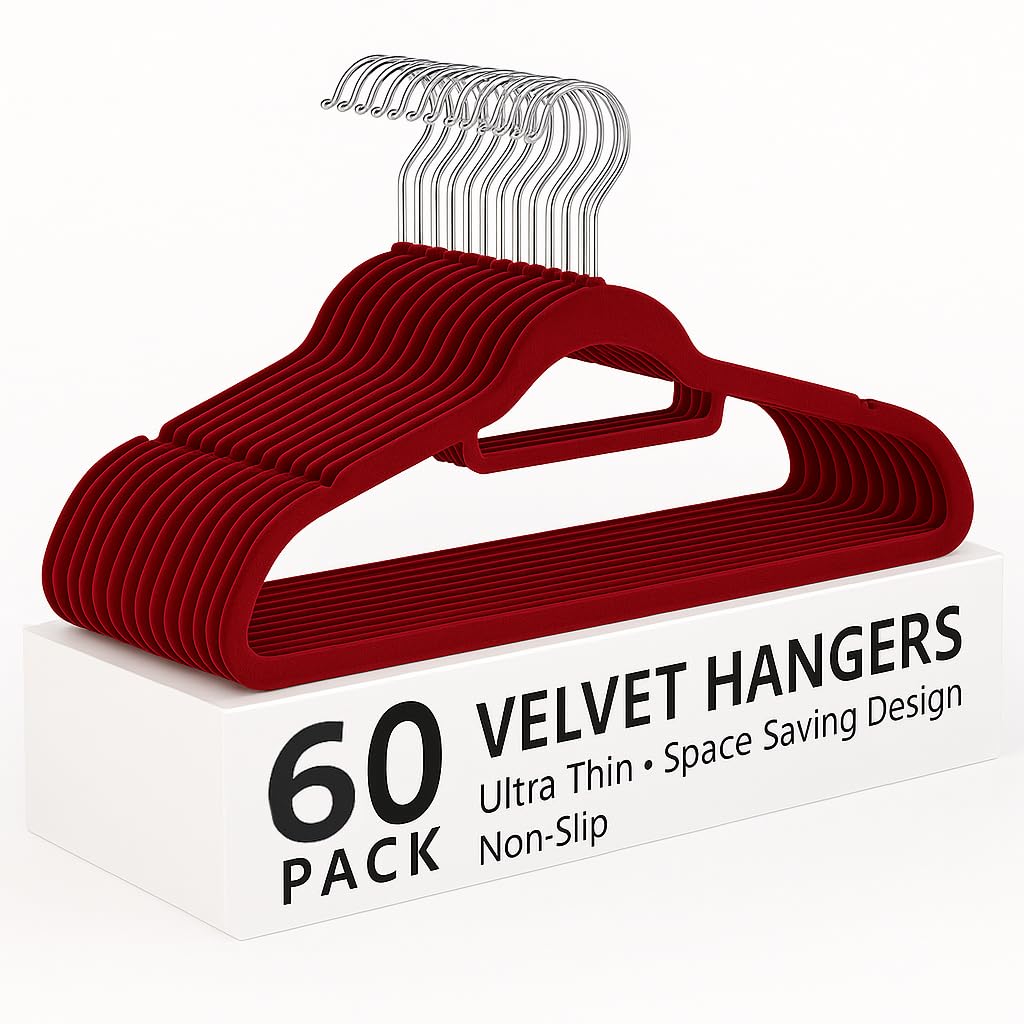Top Home Solutions® Velvet Hangers -Premium Non-Slip Space Saving Clothes Hangers With Tie Bar, Notched Shoulder, 360° Swivel Hook, Sturdy For Heavier Garments 45 x 24 Cm (Red, 60 Pcs)