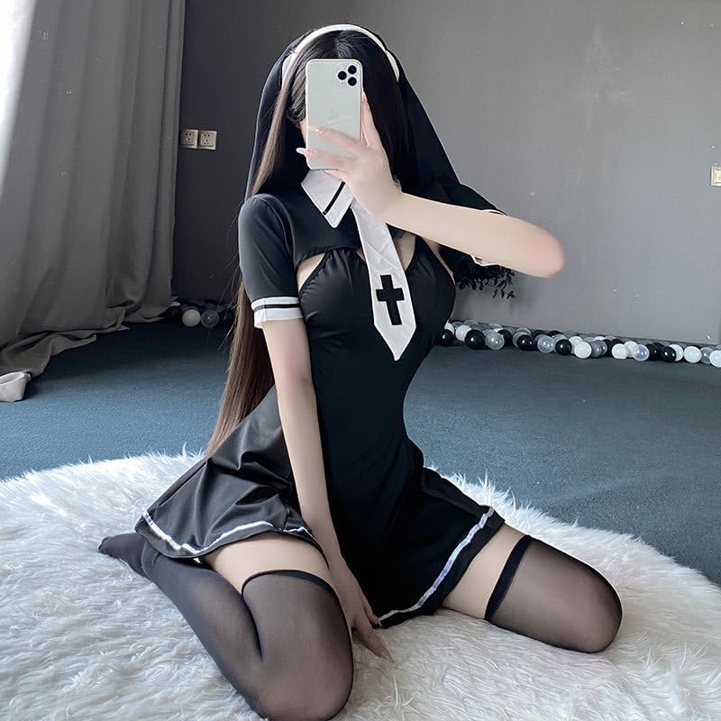 ZYTC Nun Costume Sexy Nun Outfit for Women Anime Roleplay Stage Cosplay Lingerie Dress Halloween Uniform Black and White - Image 4