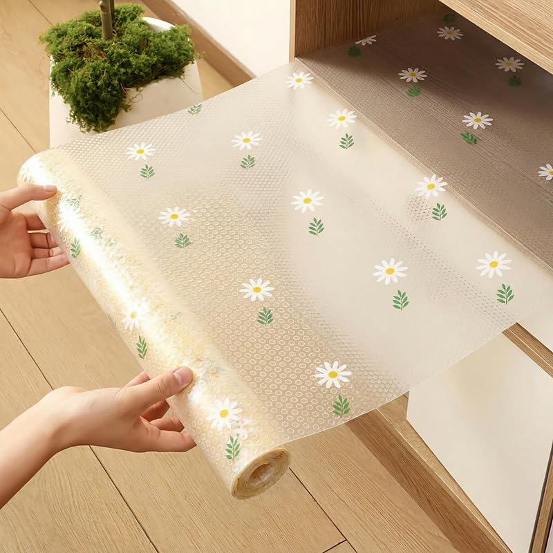 Kitchen Drawer Liners Shelf Liner for Kitchen Cupboards Non-Adhesive Waterproof & Non-Slip Cabinet Mat EVA Plastic Shelf Protector(Green Daisy,45x300cm)