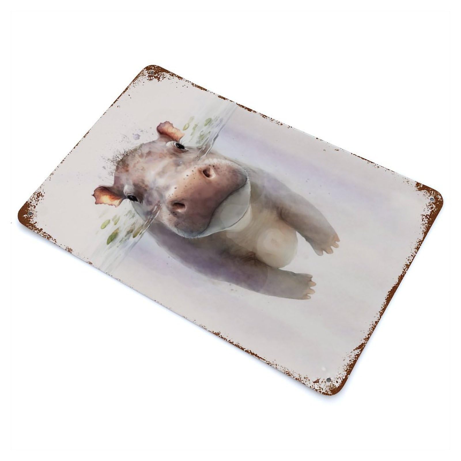 Retro Metal Sign with Cute Hippo Baby Painting Design 11.8"x7.9", for Farmhouse, Kitchen And Entryway Decor, Shabby Chic Decor