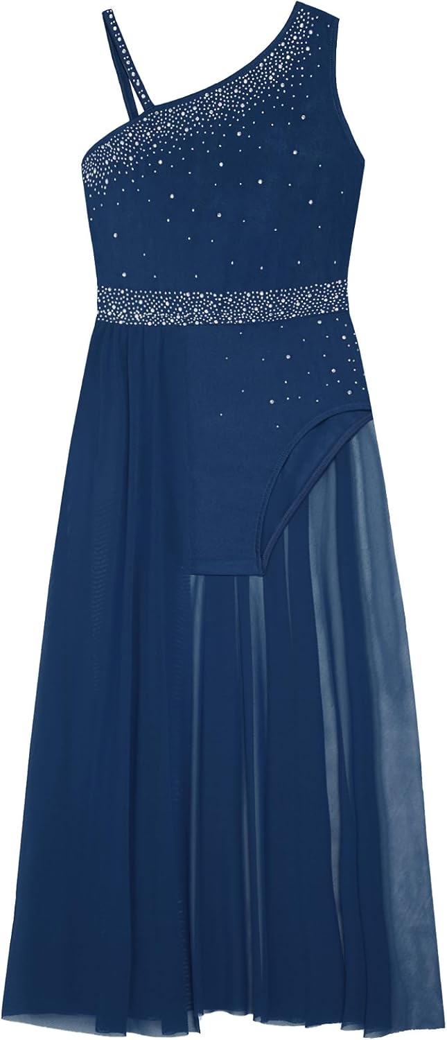 Kids Girls Glittery Lyrical Dance Dress Asymmetrical Ballet Leotard Dress Modern Contemporary Dancewear