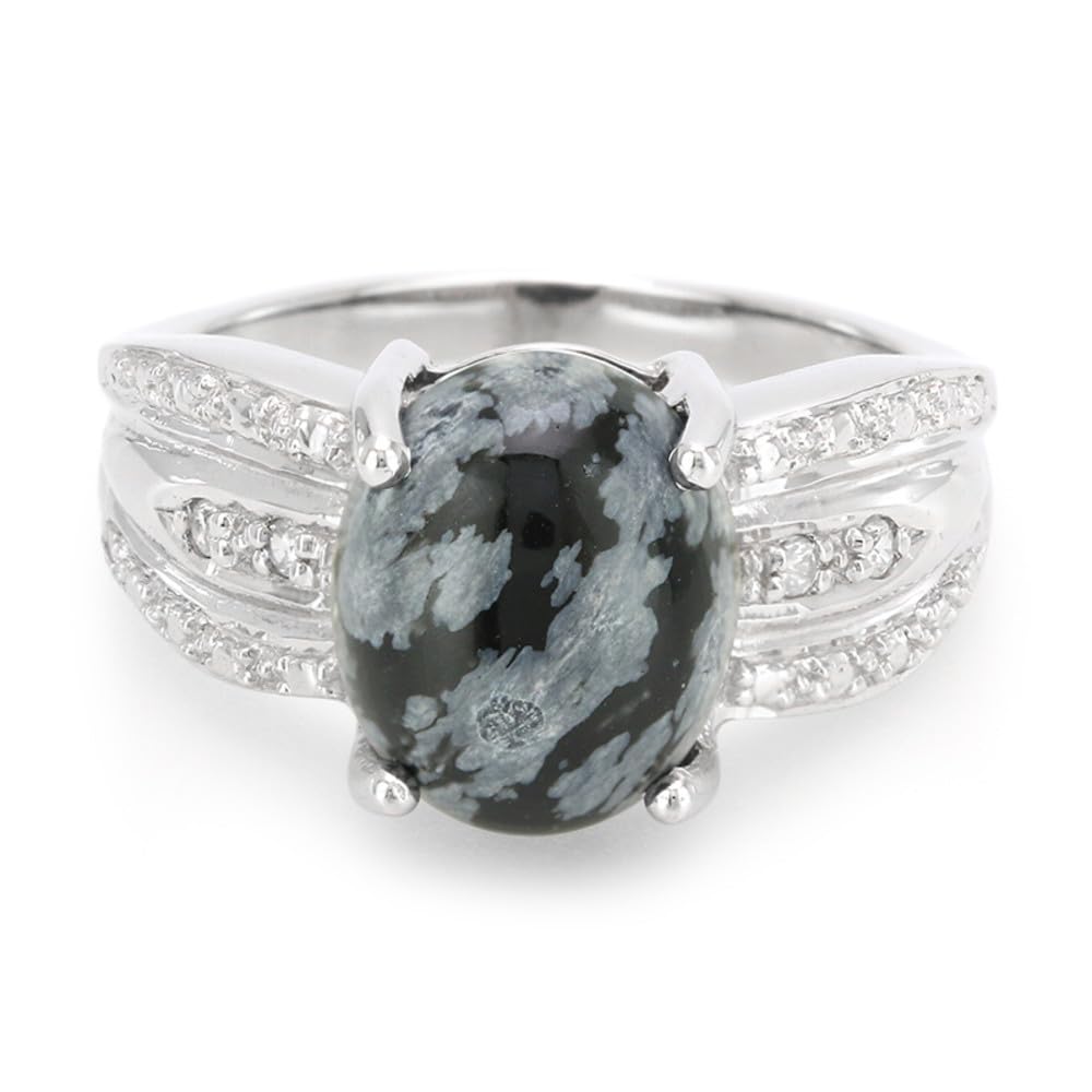 Cavill Schneeflocken Obsidian Ring 3,81 ct ovaler Cabochon mit 925er Sterlingsilberband und 4 funkelnden Zirkonen aus Kambodscha, eleganter Silberring Größe 16